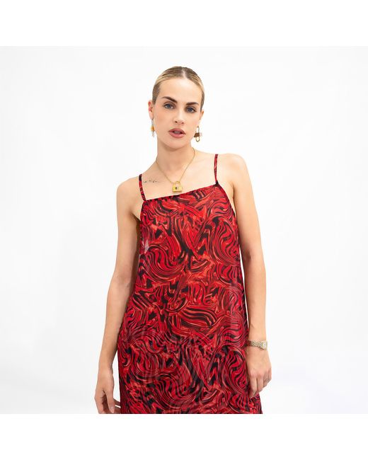 Janara Jones Red Lava Print Chiffon Side-Split Staight-Neck Cami Top