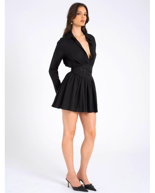 Miss Circle New York Black Jamila Shirt Mini Dress With Embroidered Waist Detail