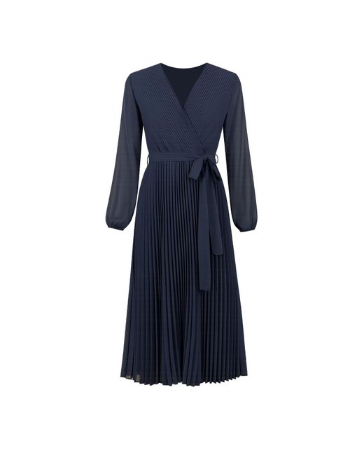 Yumi' Blue Pleated Wrap Midi Dress With Sheer Long Sleeves