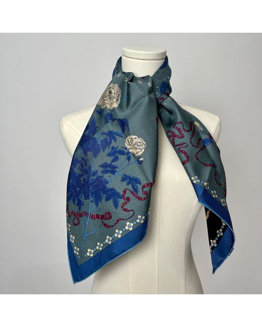 Wenzi Blue Midnight Roses Hand Painted Pattern Double Sided Silk Twill Scarf