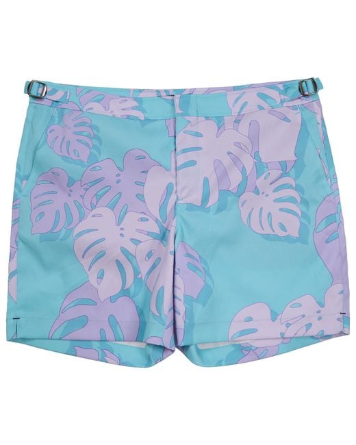 Lords of Harlech Blue Pool Monstera Floral Tailored Swim Short for men