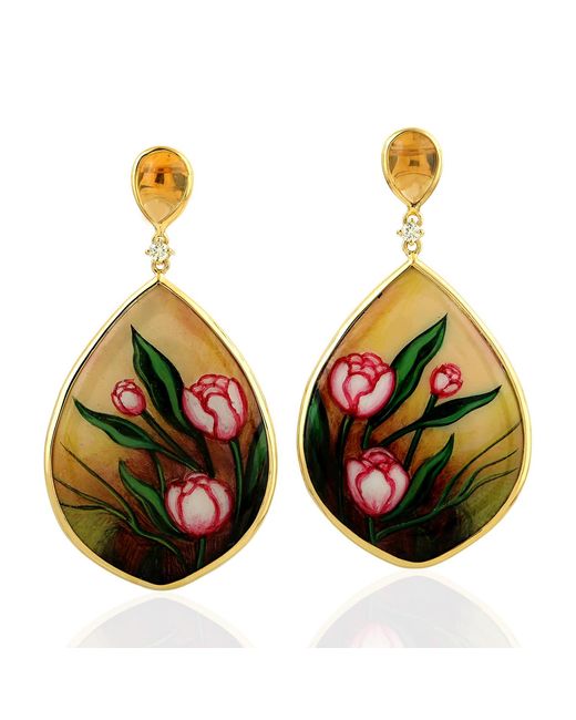 Artisan Multicolor Citrine, Onyx & Diamond Hand-Painted Enamel Drop Earrings