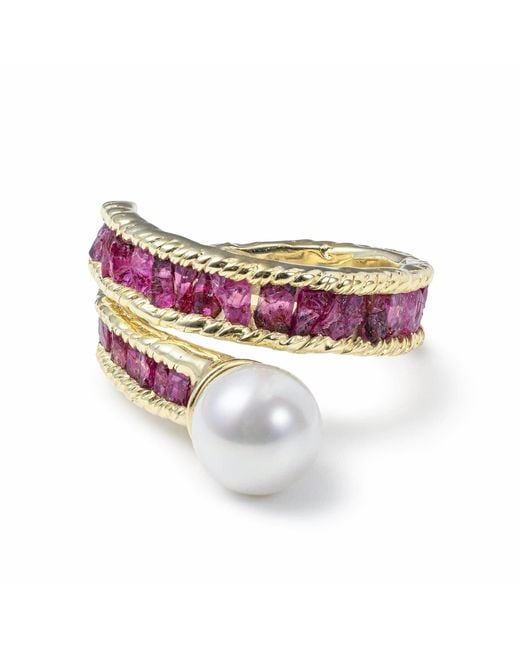 German Kabirski Multicolor Rhea Handmade Ring With Raw Rubies & Cultured Pearl