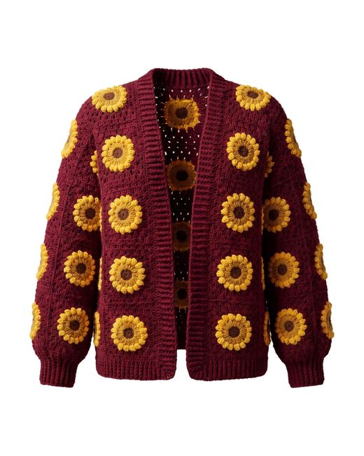 Ana Chic Red Burgundy Sunflower Granny Square Handmade Crochet Cardigan