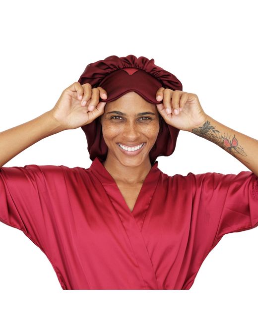 St Cayman Red Ibonnet Rem Adjustable Satin Hair Bonnet Eye Mask With Gel Insert
