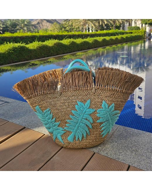 OhSun Blue Neutrals Lush Straw Fringe Beach Tote