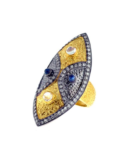 Artisan Blue Gemstone Diamond 14k Gold 925 Sterling Silver Marquise Shape Ring Jewelry
