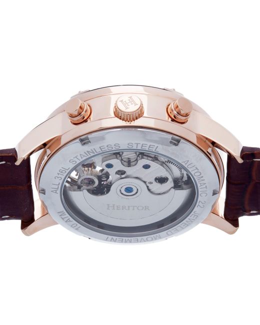 Heritor Metallic Wilhelm Semi-skeleton Leather-band Watch With Day And Date for men
