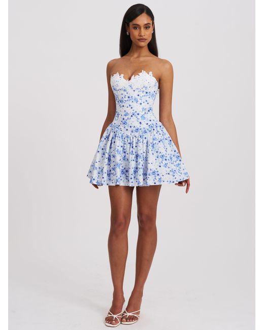 Miss Circle New York Blue Taleah Floral Print Linen Mini Dress With Lace Trim