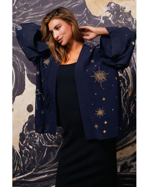 Artemis Muse Blue Cosmos Embroidered, Ivory & Fully Lined Short Kimono