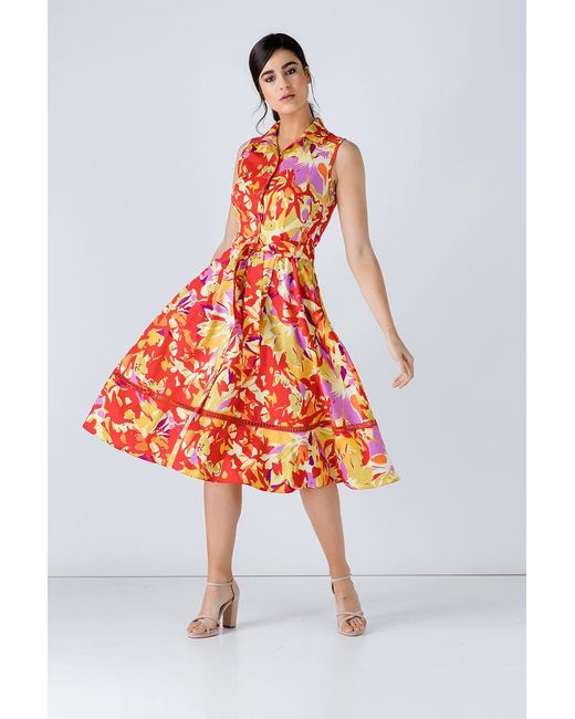 Conquista Orange Button Detail Multicoloured Print Dress