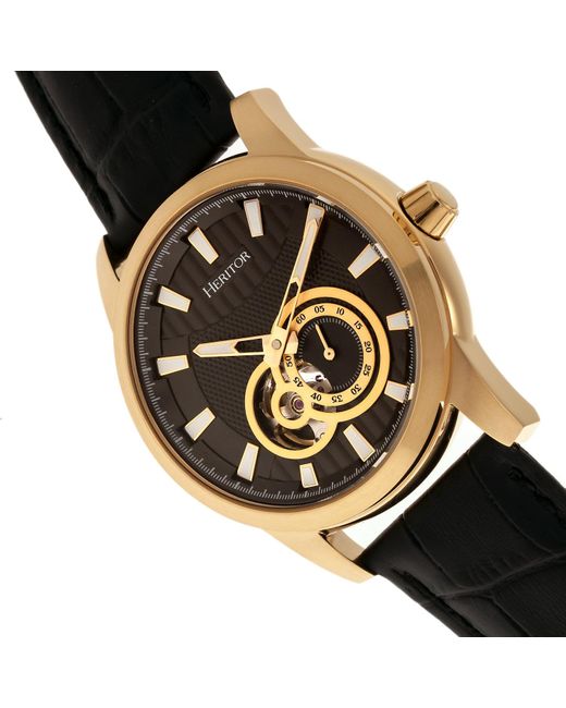Heritor Metallic Davidson Semi-skeleton Leather-band Watch With Seconds Sub-dial for men
