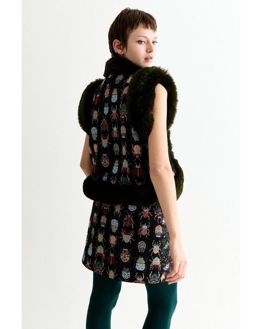 Louche Green Dominica Beetlejuice Jacquard Faux Fur Trimmed Waistcoat
