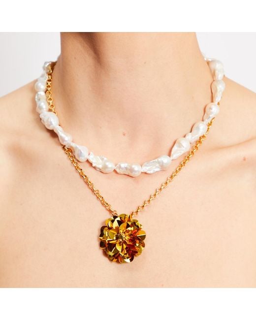 PINAR OZEVLAT Metallic Baroque Pearl Layered Blossom Necklace
