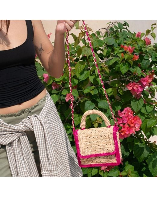 Zanatany Concepts Pink Brouly Raffia Bag- Fushia