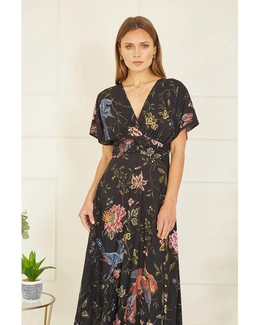 Yumi' Black Viscose Bird & Floral Print Kimono Midi Dress
