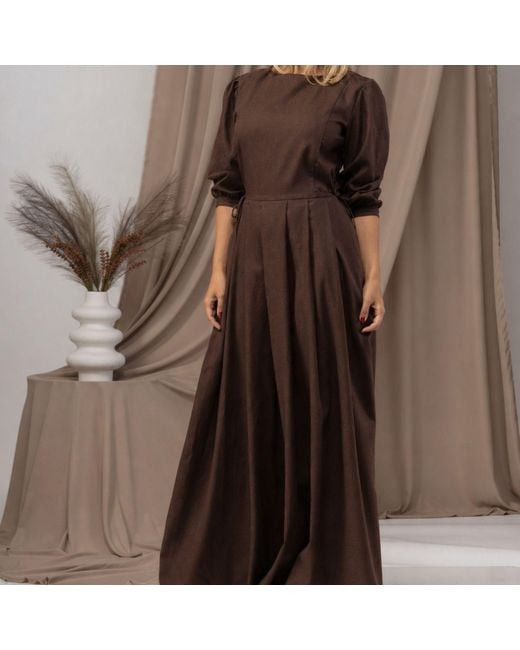 Nikka Place Brown Maxi Linen A-Line Dress With Bishop Sleeves And Pockets