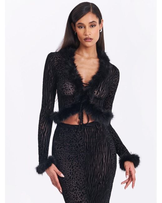 Miss Circle New York Black Hali Animal Print Burnout Velvet Fur Trim Top