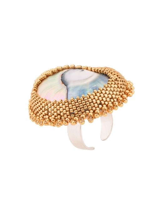 Oana Savu Metallic Hand Beaded Nautilus Shell Ring Adjustable Sterling