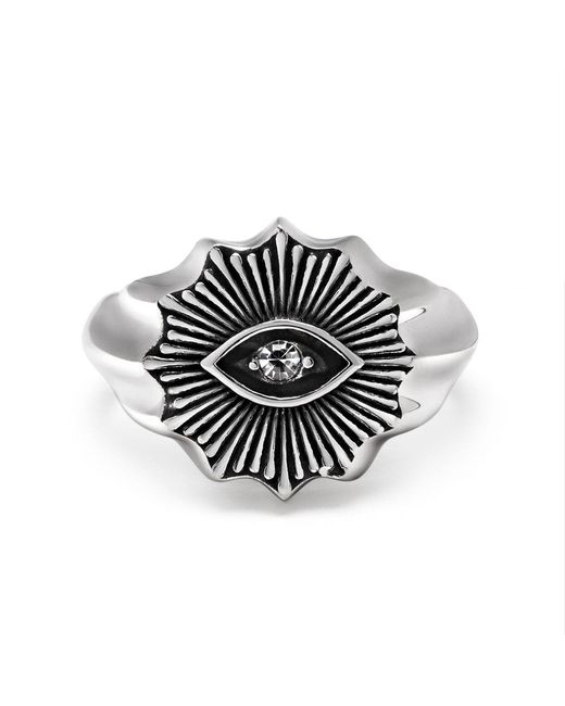Nialaya Black Vintage Evil Eye Ring With Clear Crystal for men