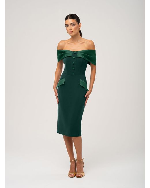 Tia Dorraine Green Steel Confidence Off-Shoulder Midi Dress, Dark