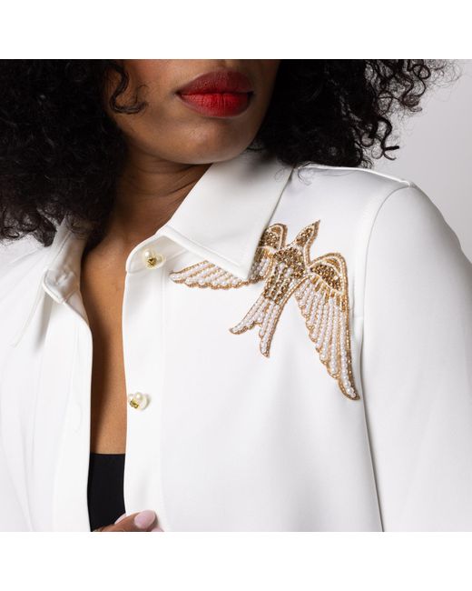Laines London White Laines Couture Shirt With Embellished Pearl Bird Shirt