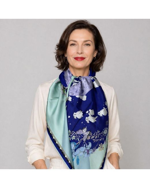 Wenzi Blue Neutrals Moonlit Menagerie Hand Painted Double Sided Silk Twill Scarf