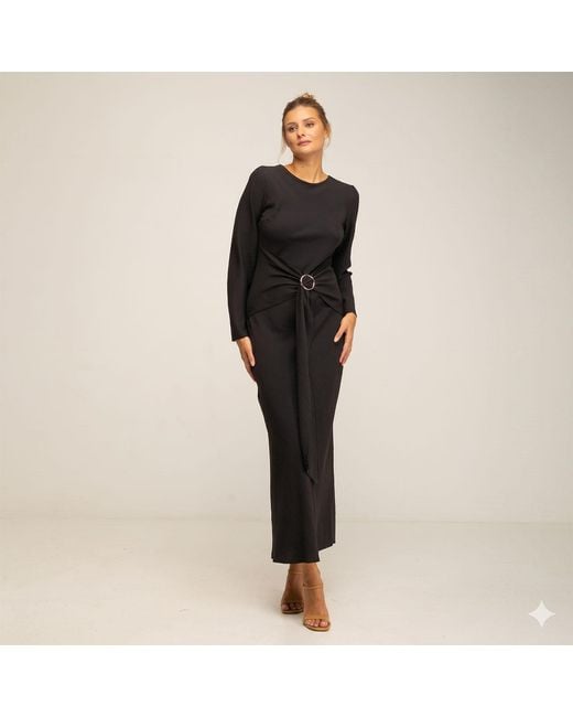 Tantra Spain Sl Black Long Fitted Dress With Long Sleeves And Adjustable Metallic Hoop Waistband