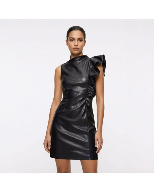 AVENUE No.29 Black Eco Leather Asymmetrical Mini Dress With Ruffle