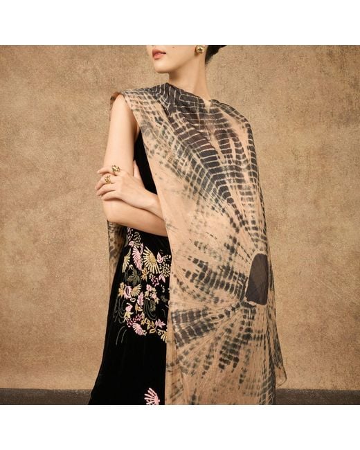 Silk and Bears Metallic Natural Sand & Charcoal Burst Habotai Silk Scarf – Hand-Dyed Mulberry Silk