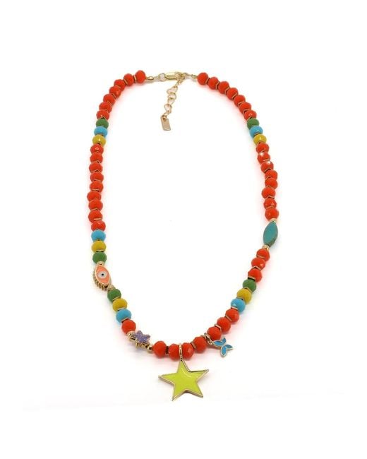 Ebru Jewelry Red Sunshine Star Colorful Beaded Necklace