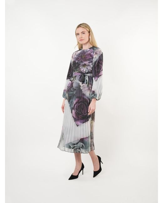 John Abgin Blue Placement Floral Pleated Midi Dress