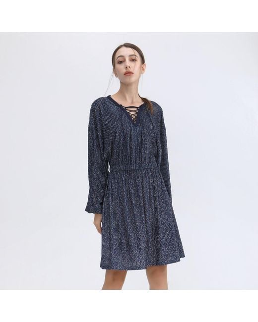 Smart and Joy Blue Lacing On V-Neck Velvet Tunic Dress With Liberty Print