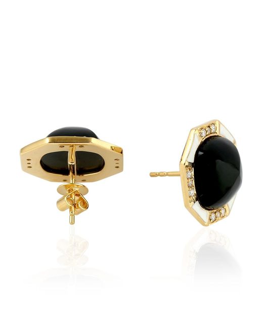 Artisan Black Natural Onyx Stud Earrings Yellow Gold Handmade Jewelry