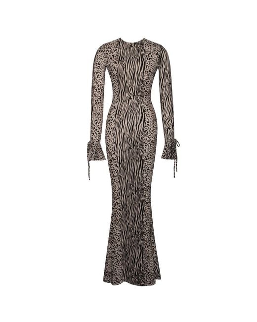 Miss Circle New York Gray Neutrals Waylynn Nude Animal Print Burnout Velvet Detail Mesh Backless Maxi Dress