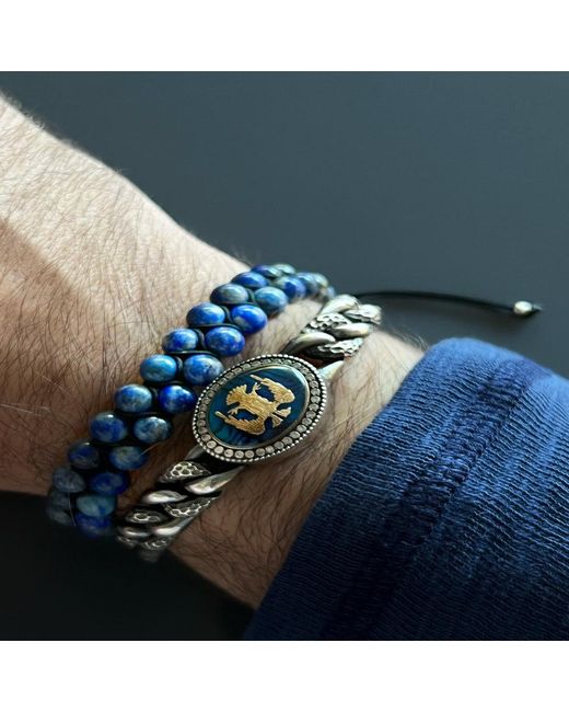 Ebru Jewelry Blue Lapis Lazuli Stone Two Row Beaded Woven Striking Bracelet for men