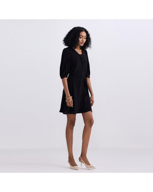 REISTOR Black Short Crepe Dress With A Waist-Tie