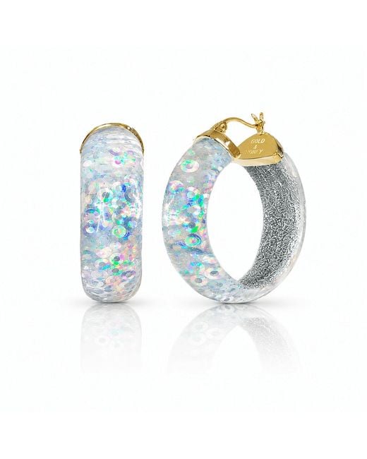 Gold & Honey Blue Sequin Print Lucite Hoop Earrings