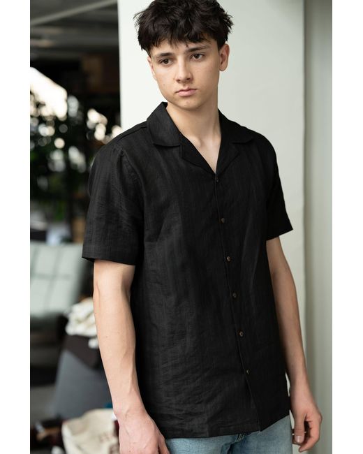 Stovaria Black Handwoven Hemp Camp Collar Shirt With Natural Dye for men