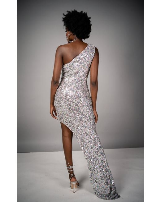 Monice London Gray Mimi One Shoulder Asymmetric Sequin Dress