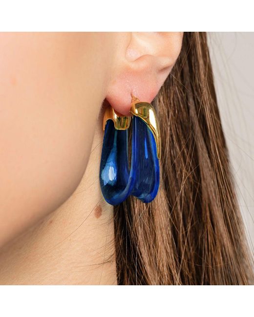 Gold & Honey Blue Sapphire Sculpted U Lucite Birthstone Hoop Earrings