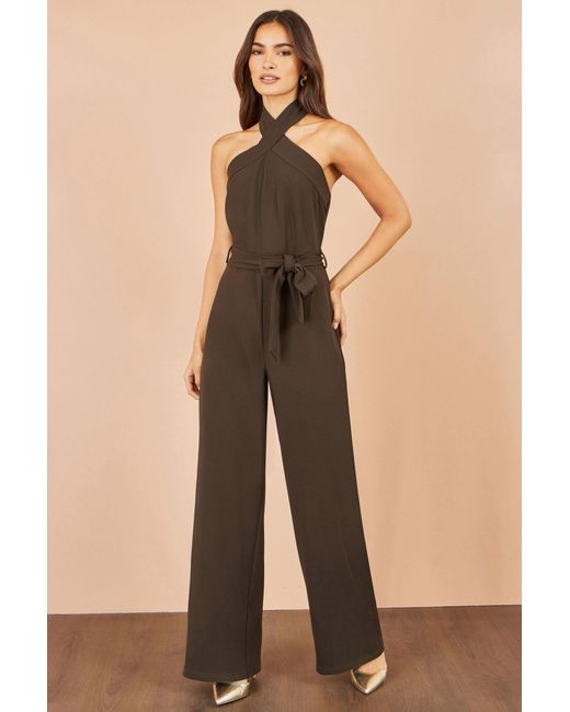 Yumi' Brown Cross Over Halter Neck Jumpsuit