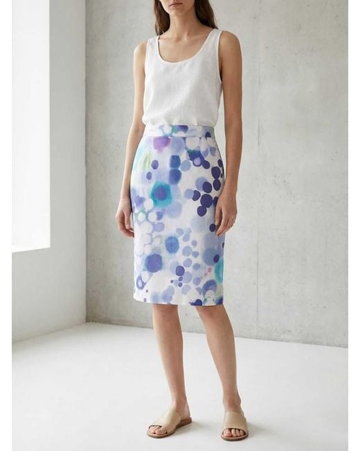 Conquista Blue Abstract Print Midi Pencil Skirt