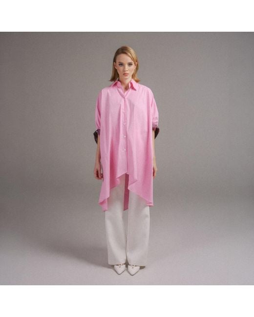 Madebyza Pink Striped Oversized Shirt With Lace Cuff Detail