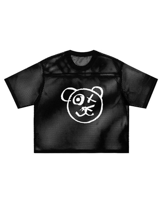 X Ilona Blue Black Graffiti Teddy Bear Sheer Mesh T Shirt