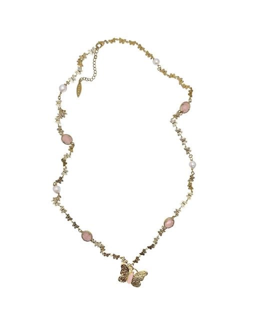 Farra Metallic Butterfly Pendant With Rose Quartz Stones Long Necklace