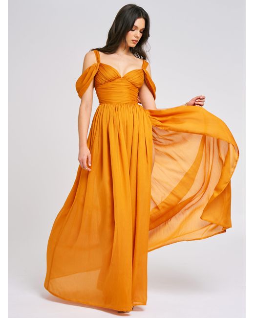 Miss Circle New York Orange Jelani Layered Mesh High-Slit Drape Maxi Dress