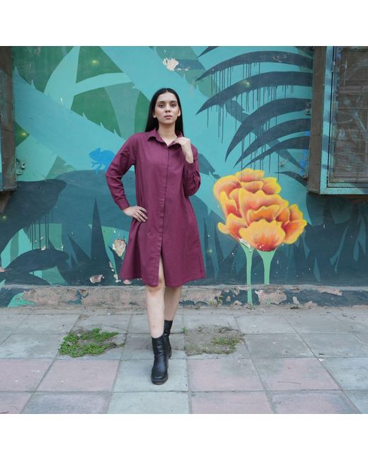 House of Gl Red Garnet Cotton Flex Shirt Dress With Back Button Detail And Pockets