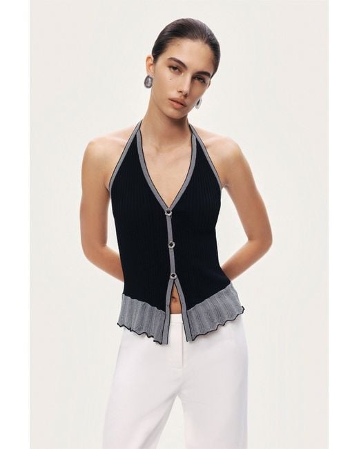Nocturne Black Halter Ribbed Knit Top