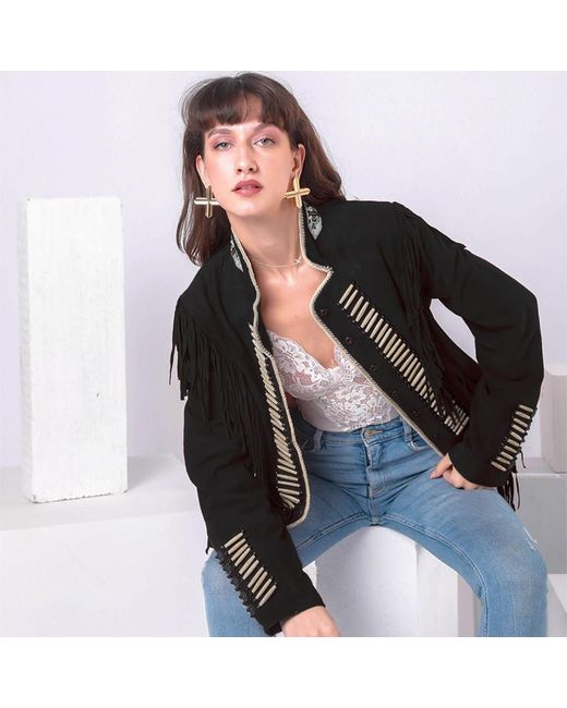 Zasta Studio Black Warrior Suede Leather Jacket With Beads & Fringes